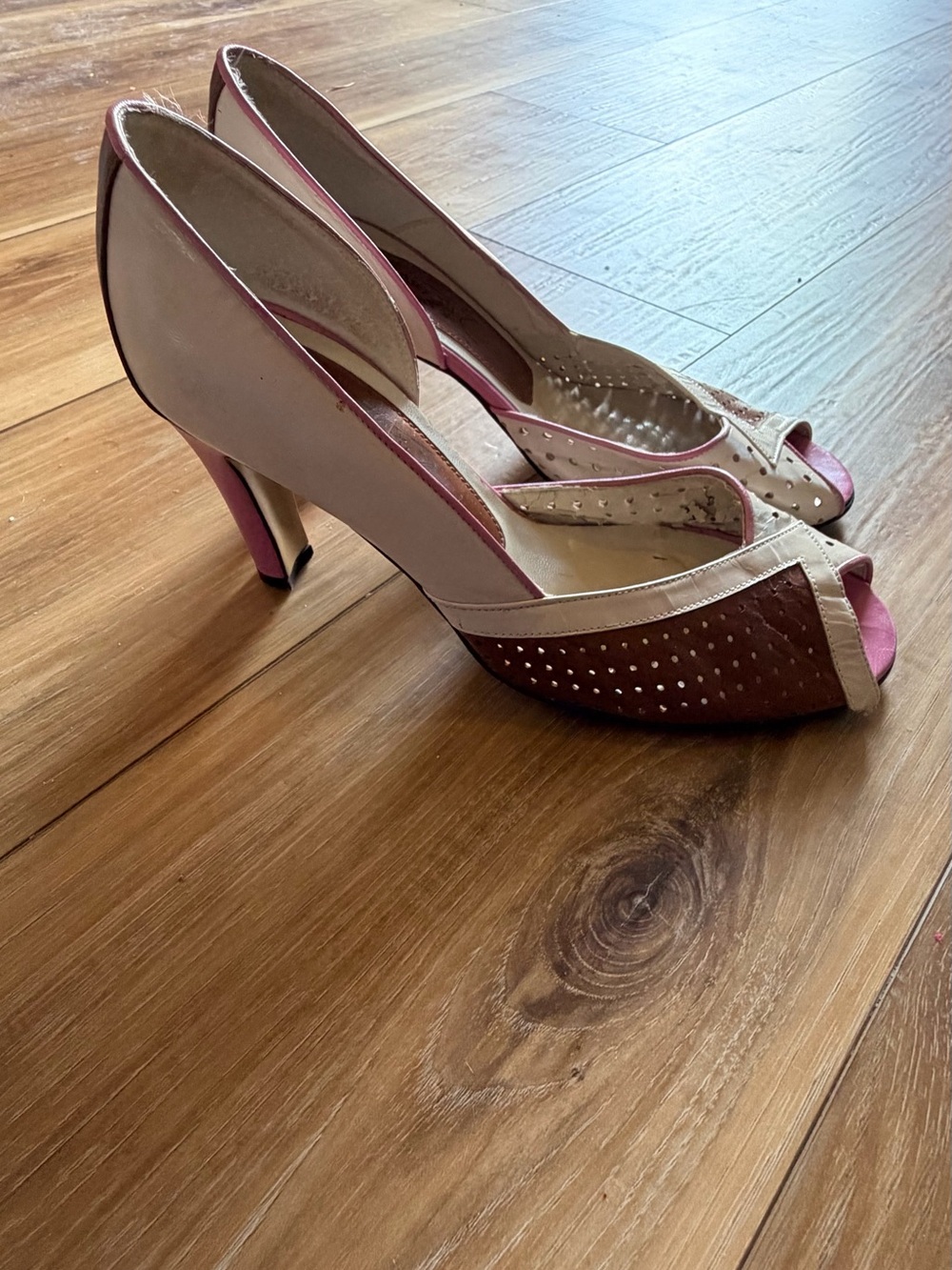 Jeffrey Campbell Retro Leather Peep Toe Pumps Pink Brown Cream Pinup Heels